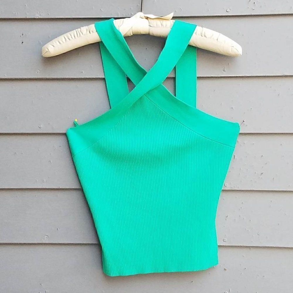 Skies are Blue Green Ribbed Criss Cross Back Top size Medium